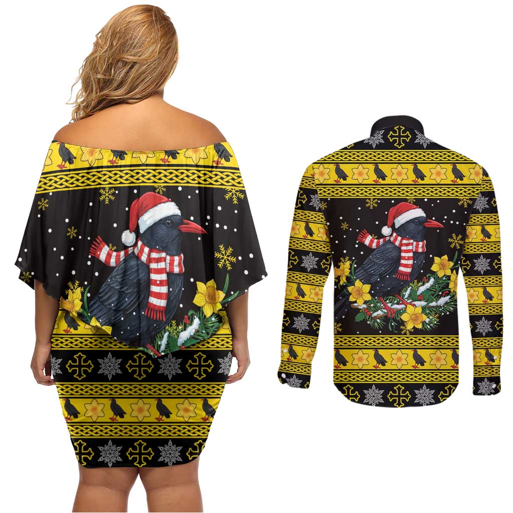 Flintshire Wales Christmas Couples Matching Off Shoulder Short Dress and Long Sleeve Button Shirt Welsh Red-billed Chough with Daffodil - Wonder Print Shop