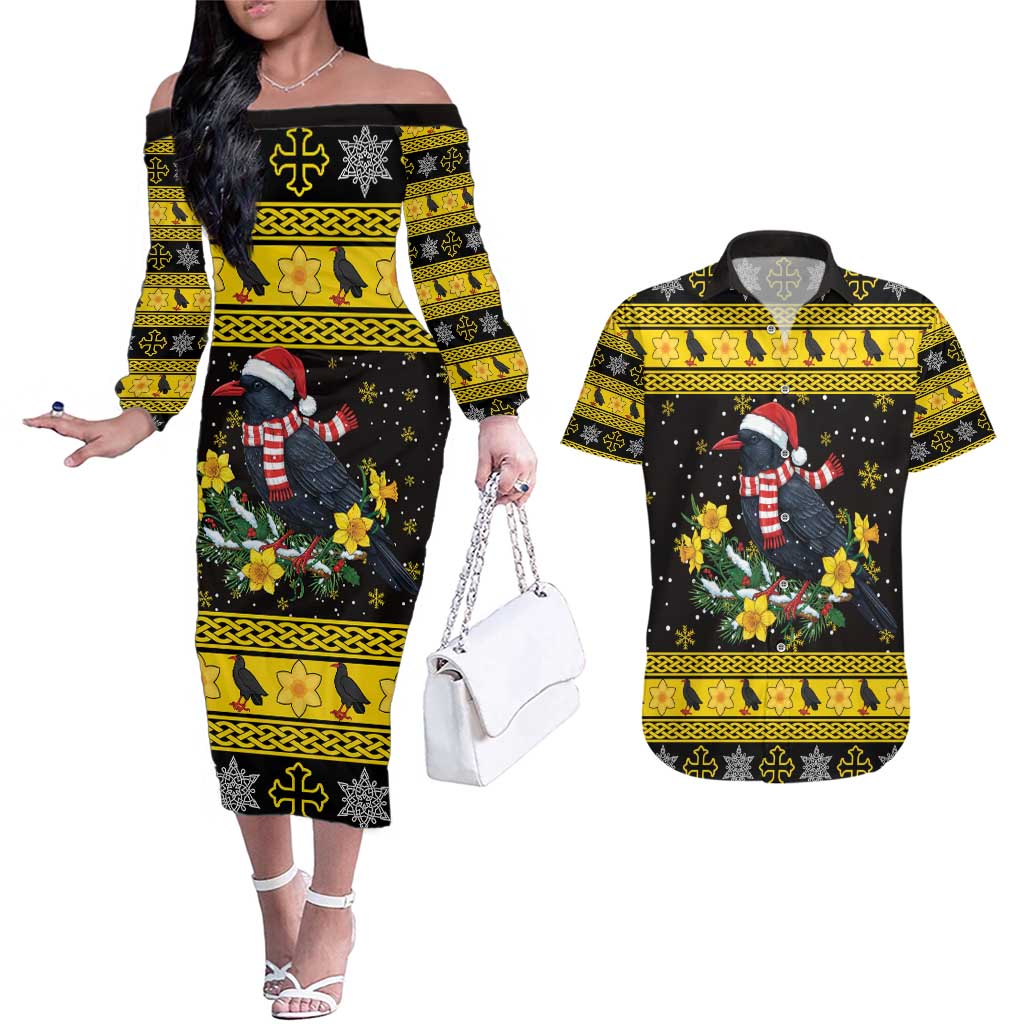 Flintshire Wales Christmas Couples Matching Off The Shoulder Long Sleeve Dress and Hawaiian Shirt Welsh Red-billed Chough with Daffodil - Wonder Print Shop