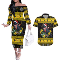Flintshire Wales Christmas Couples Matching Off The Shoulder Long Sleeve Dress and Hawaiian Shirt Welsh Red-billed Chough with Daffodil - Wonder Print Shop
