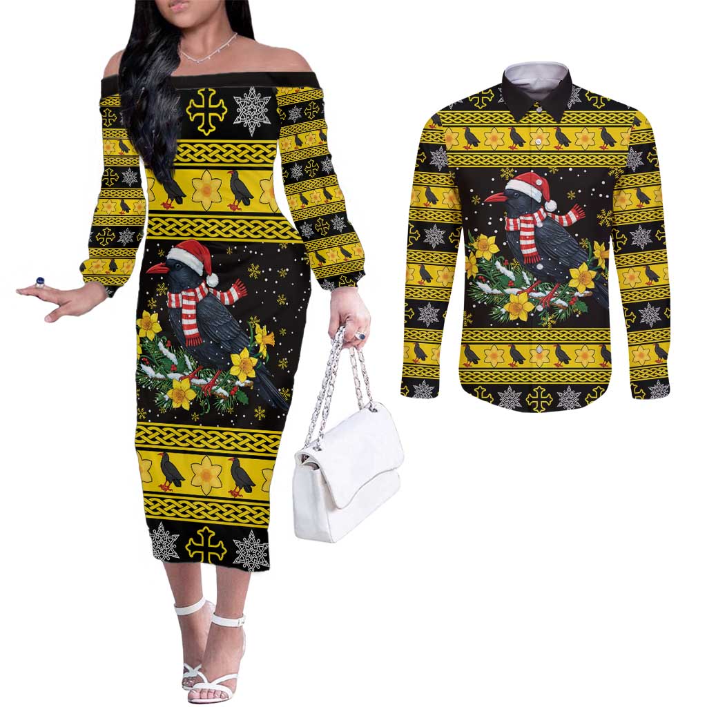 Flintshire Wales Christmas Couples Matching Off The Shoulder Long Sleeve Dress and Long Sleeve Button Shirt Welsh Red-billed Chough with Daffodil - Wonder Print Shop