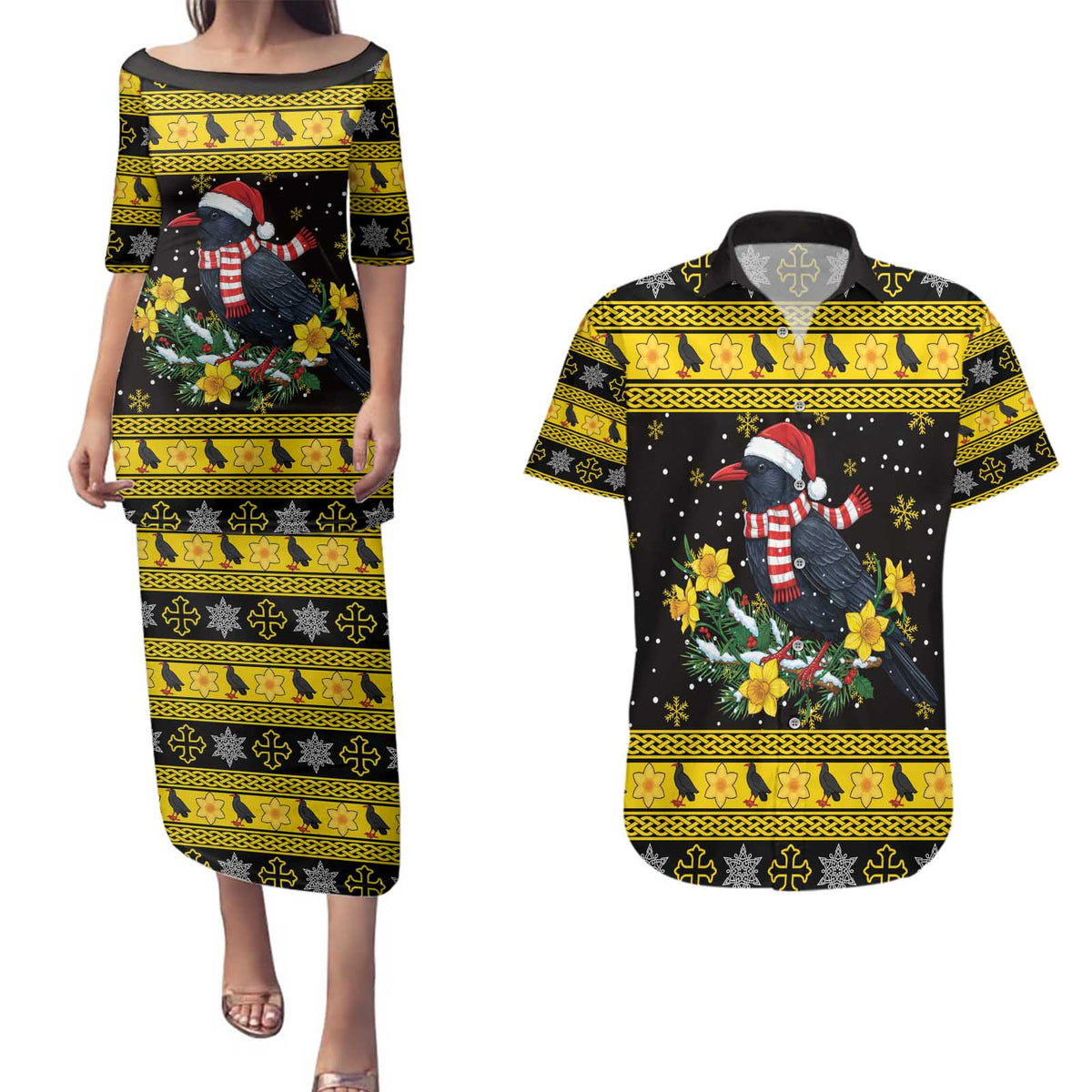 Flintshire Wales Christmas Couples Matching Puletasi and Hawaiian Shirt Welsh Red-billed Chough with Daffodil - Wonder Print Shop