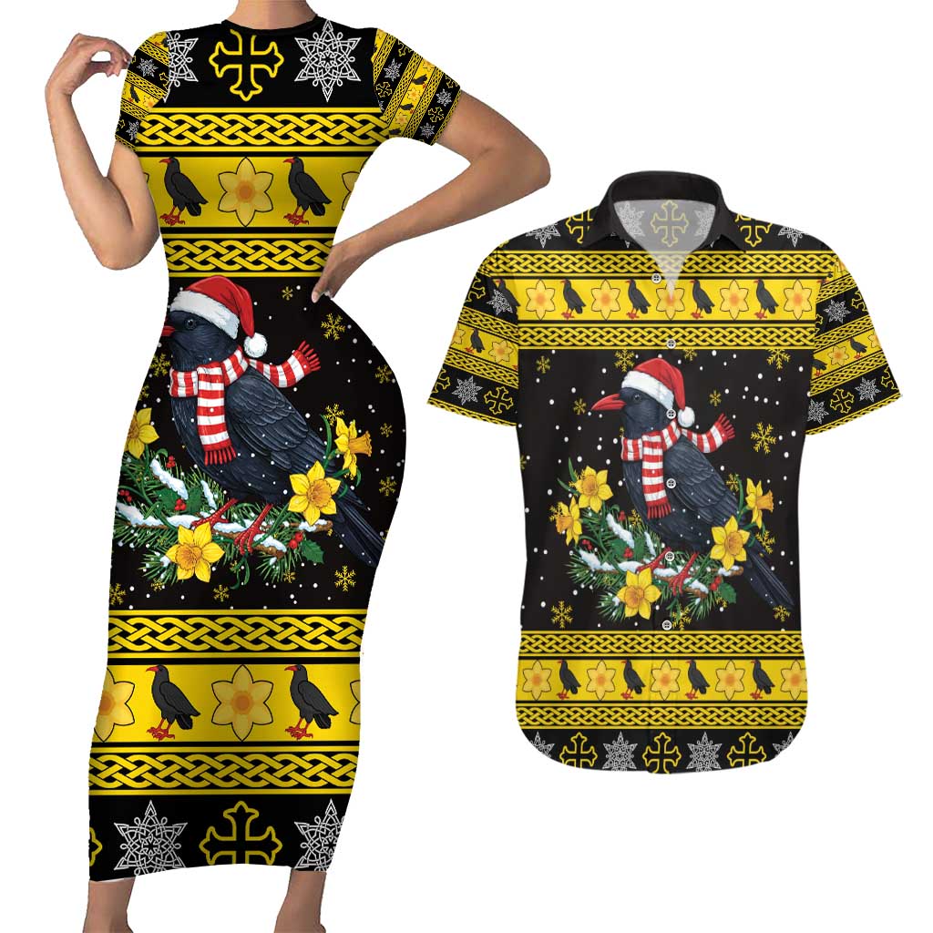 Flintshire Wales Christmas Couples Matching Short Sleeve Bodycon Dress and Hawaiian Shirt Welsh Red-billed Chough with Daffodil - Wonder Print Shop