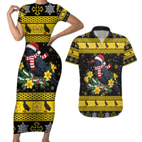 Flintshire Wales Christmas Couples Matching Short Sleeve Bodycon Dress and Hawaiian Shirt Welsh Red-billed Chough with Daffodil - Wonder Print Shop