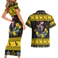 Flintshire Wales Christmas Couples Matching Short Sleeve Bodycon Dress and Hawaiian Shirt Welsh Red-billed Chough with Daffodil - Wonder Print Shop