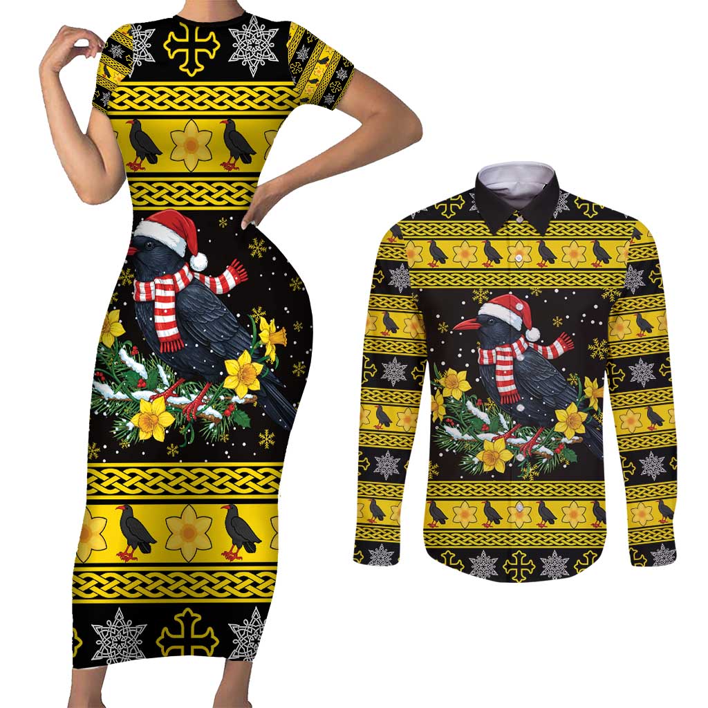 Flintshire Wales Christmas Couples Matching Short Sleeve Bodycon Dress and Long Sleeve Button Shirt Welsh Red-billed Chough with Daffodil - Wonder Print Shop