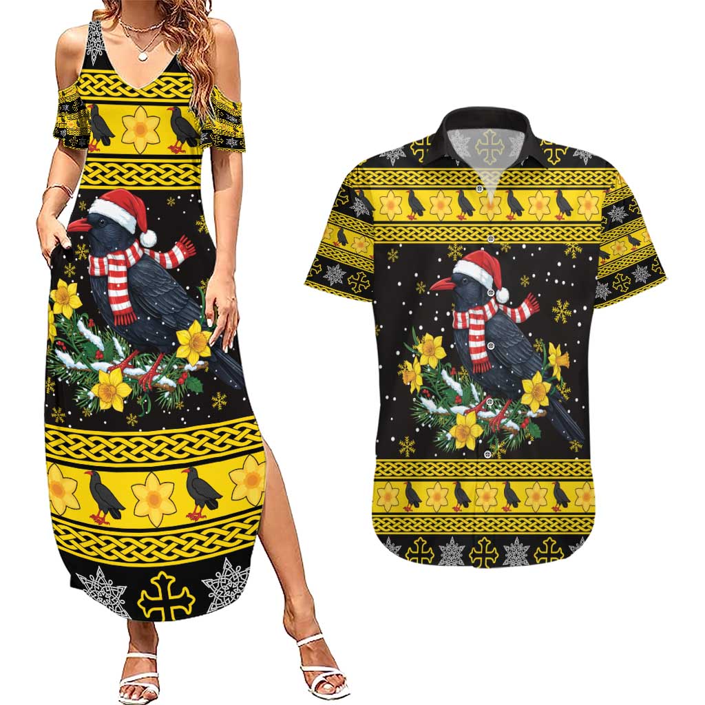Flintshire Wales Christmas Couples Matching Summer Maxi Dress and Hawaiian Shirt Welsh Red-billed Chough with Daffodil - Wonder Print Shop