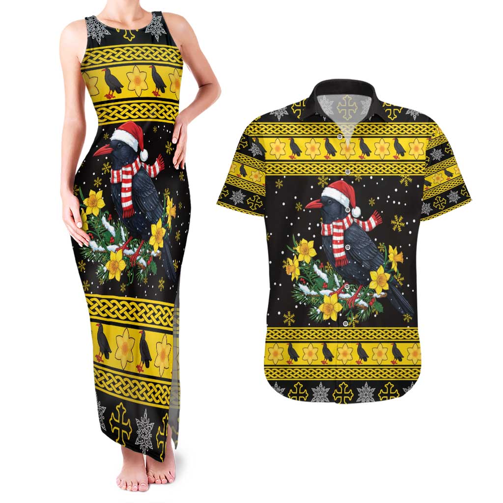 Flintshire Wales Christmas Couples Matching Tank Maxi Dress and Hawaiian Shirt Welsh Red-billed Chough with Daffodil - Wonder Print Shop
