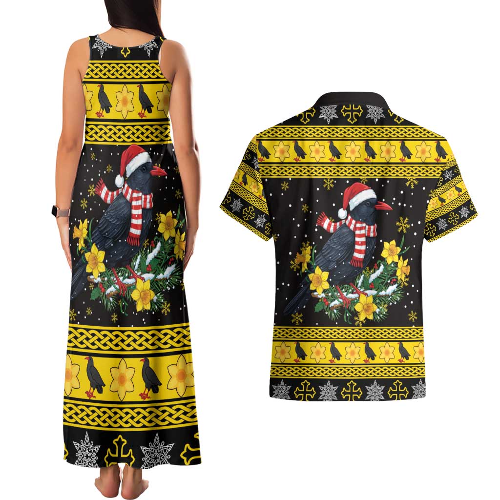 Flintshire Wales Christmas Couples Matching Tank Maxi Dress and Hawaiian Shirt Welsh Red-billed Chough with Daffodil - Wonder Print Shop