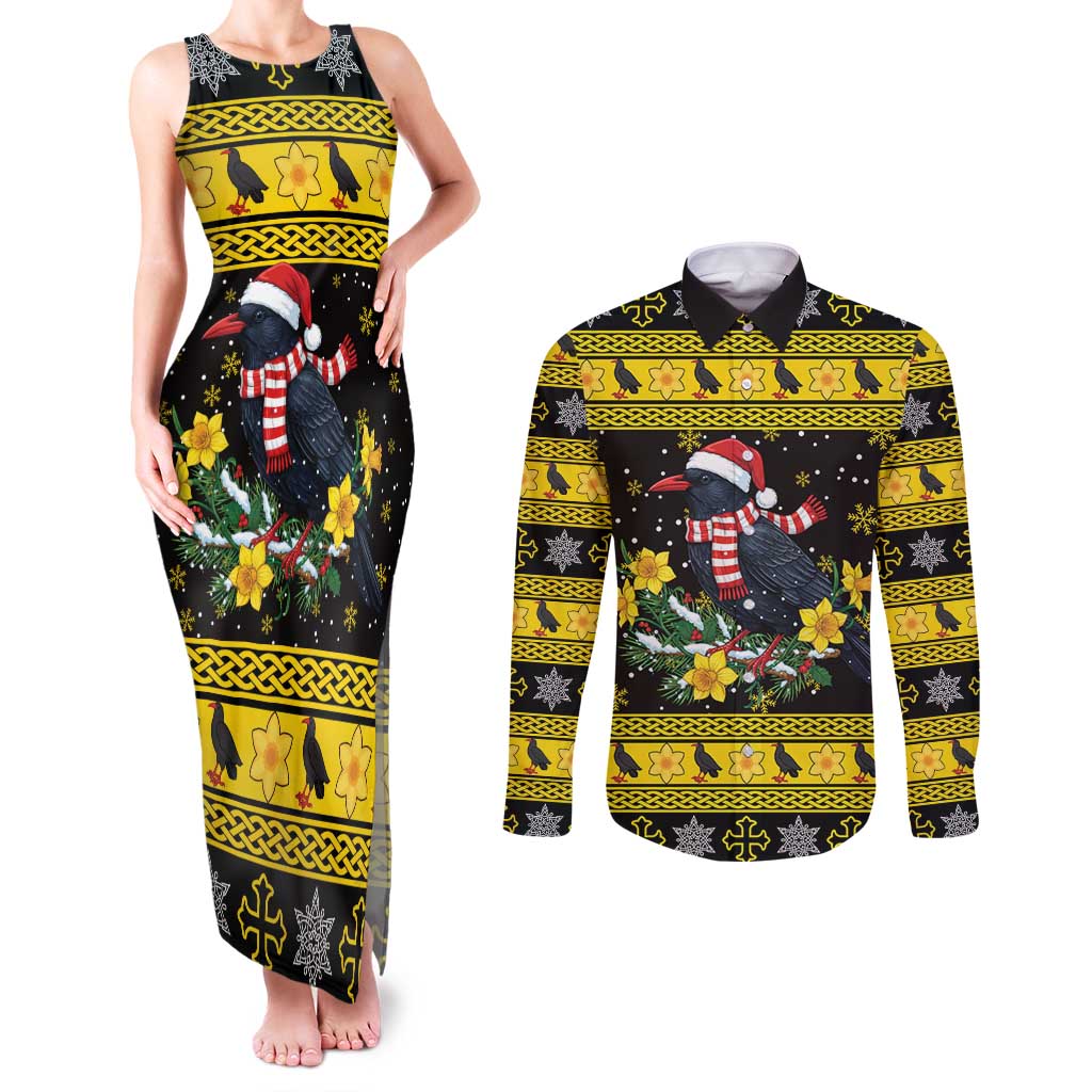 Flintshire Wales Christmas Couples Matching Tank Maxi Dress and Long Sleeve Button Shirt Welsh Red-billed Chough with Daffodil - Wonder Print Shop