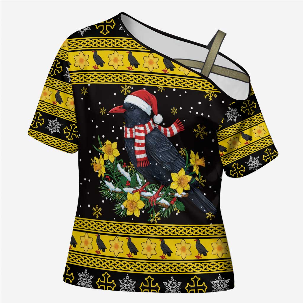 Flintshire Wales Christmas Cross Shoulder Shirt Welsh Red-billed Chough with Daffodil - Wonder Print Shop