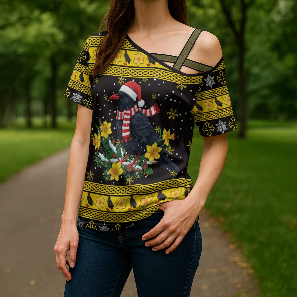 Flintshire Wales Christmas Cross Shoulder Shirt Welsh Red-billed Chough with Daffodil - Wonder Print Shop