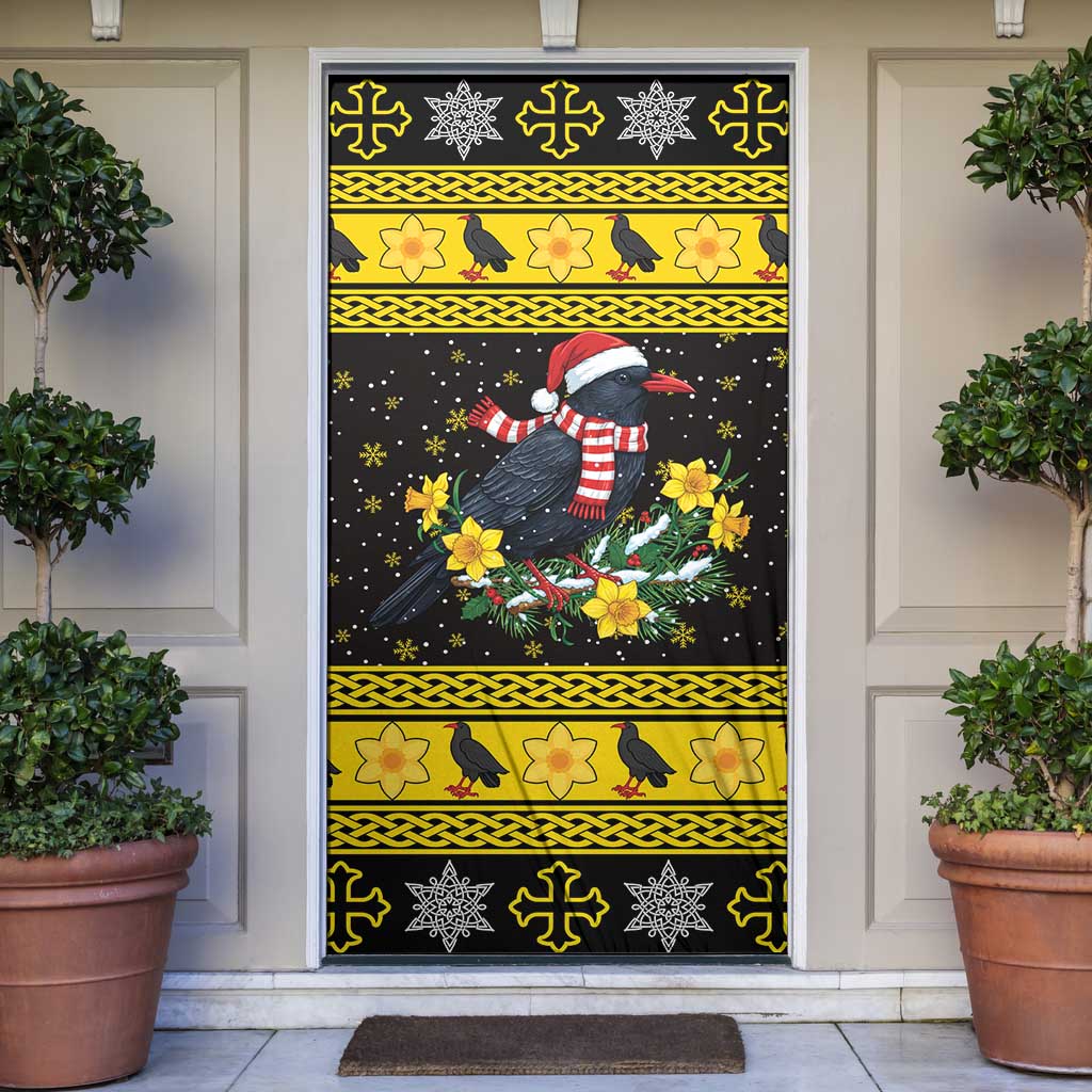 Flintshire Wales Christmas Door Cover Welsh Red-billed Chough with Daffodil - Wonder Print Shop