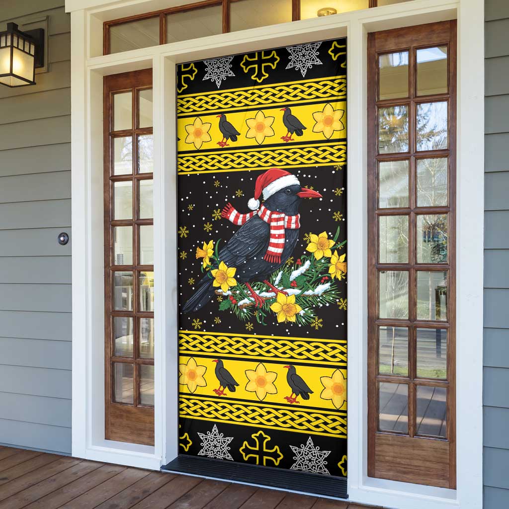 Flintshire Wales Christmas Door Cover Welsh Red-billed Chough with Daffodil - Wonder Print Shop