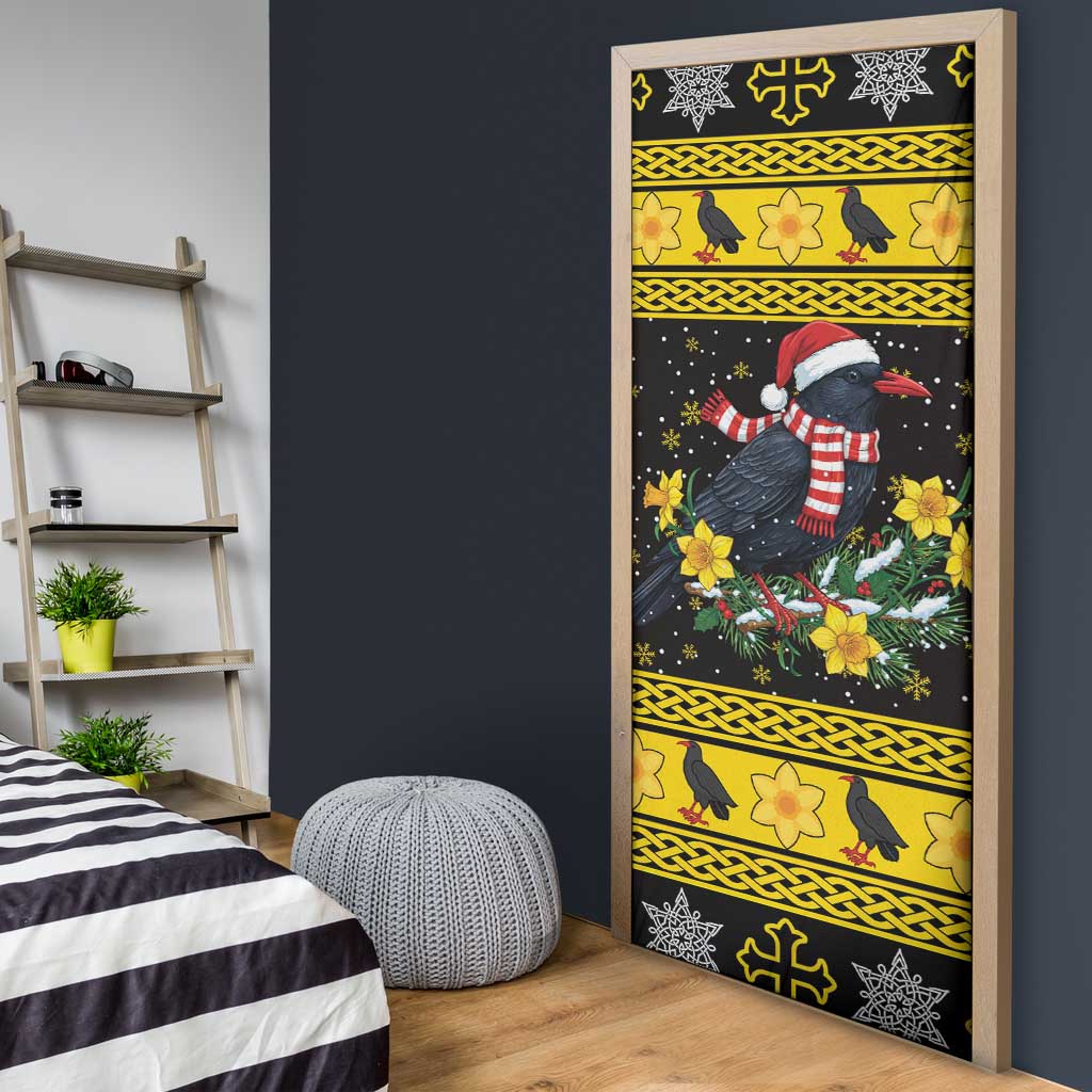 Flintshire Wales Christmas Door Cover Welsh Red-billed Chough with Daffodil - Wonder Print Shop