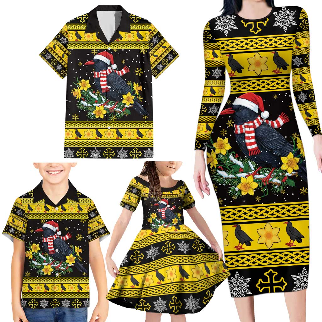 Flintshire Wales Christmas Family Matching Long Sleeve Bodycon Dress and Hawaiian Shirt Welsh Red-billed Chough with Daffodil - Wonder Print Shop