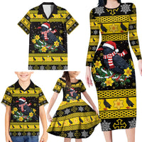 Flintshire Wales Christmas Family Matching Long Sleeve Bodycon Dress and Hawaiian Shirt Welsh Red-billed Chough with Daffodil - Wonder Print Shop