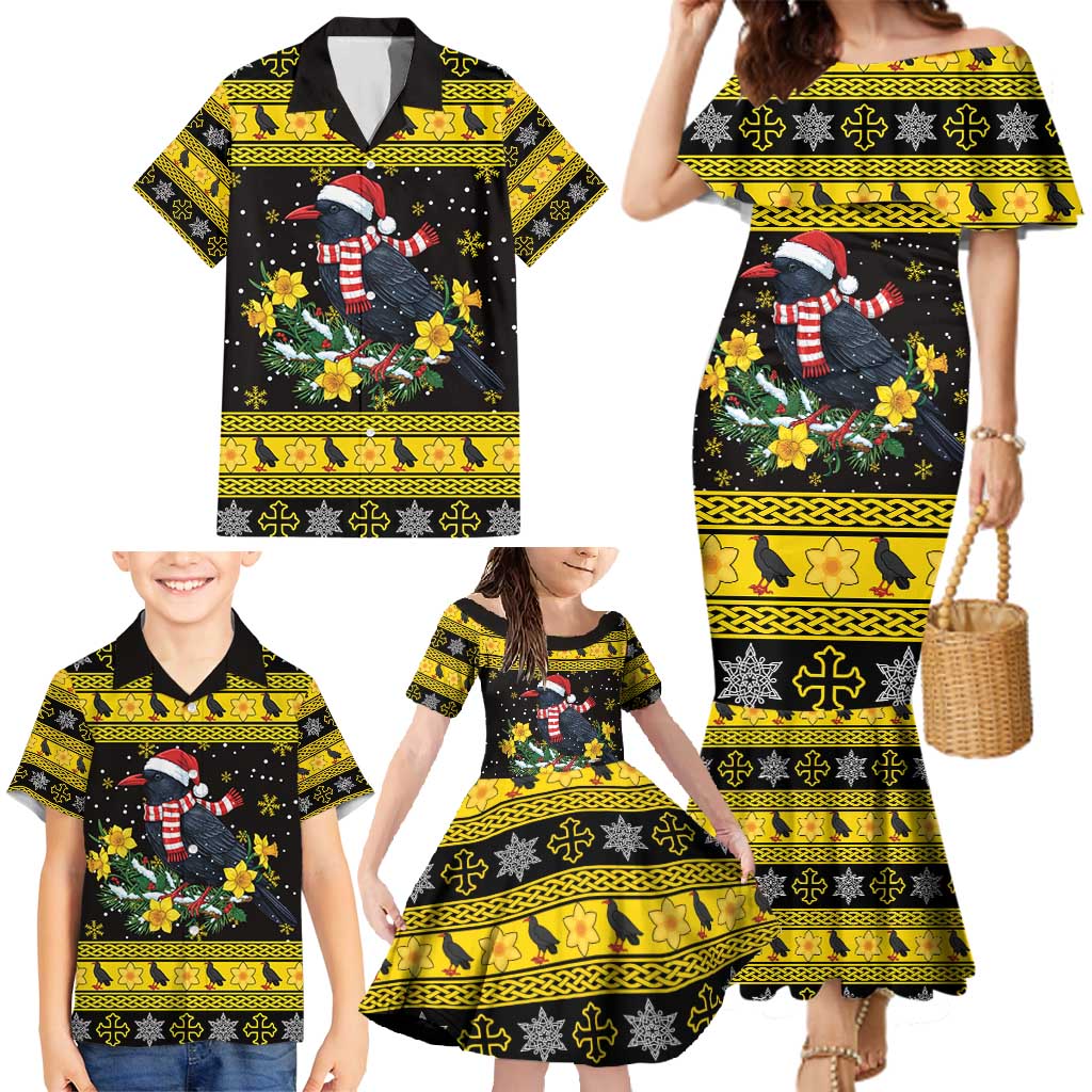 Flintshire Wales Christmas Family Matching Mermaid Dress and Hawaiian Shirt Welsh Red-billed Chough with Daffodil - Wonder Print Shop
