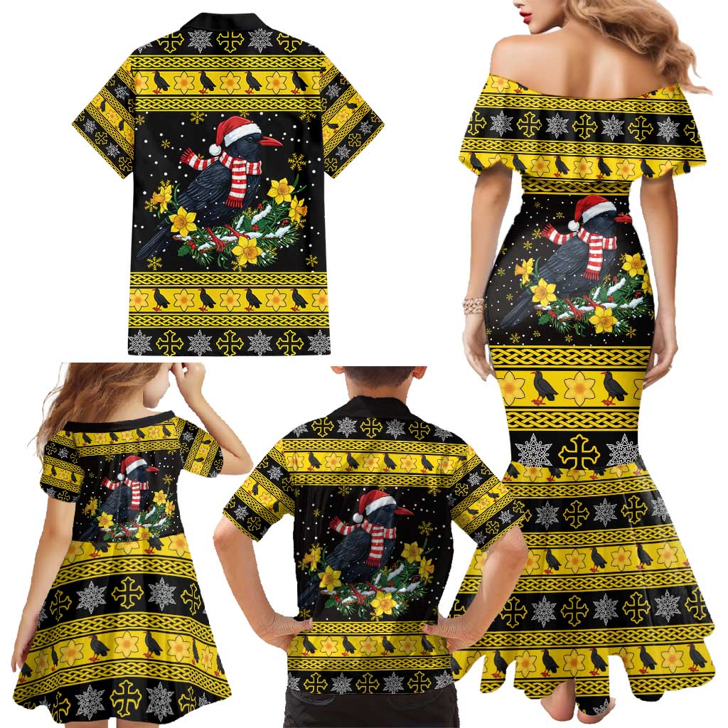 Flintshire Wales Christmas Family Matching Mermaid Dress and Hawaiian Shirt Welsh Red-billed Chough with Daffodil - Wonder Print Shop