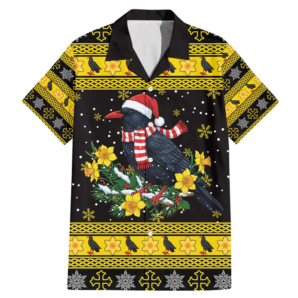 Flintshire Wales Christmas Family Matching Mermaid Dress and Hawaiian Shirt Welsh Red-billed Chough with Daffodil - Wonder Print Shop