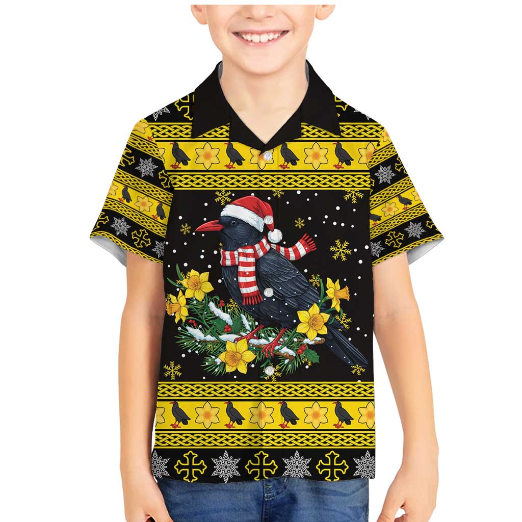 Flintshire Wales Christmas Family Matching Mermaid Dress and Hawaiian Shirt Welsh Red-billed Chough with Daffodil - Wonder Print Shop