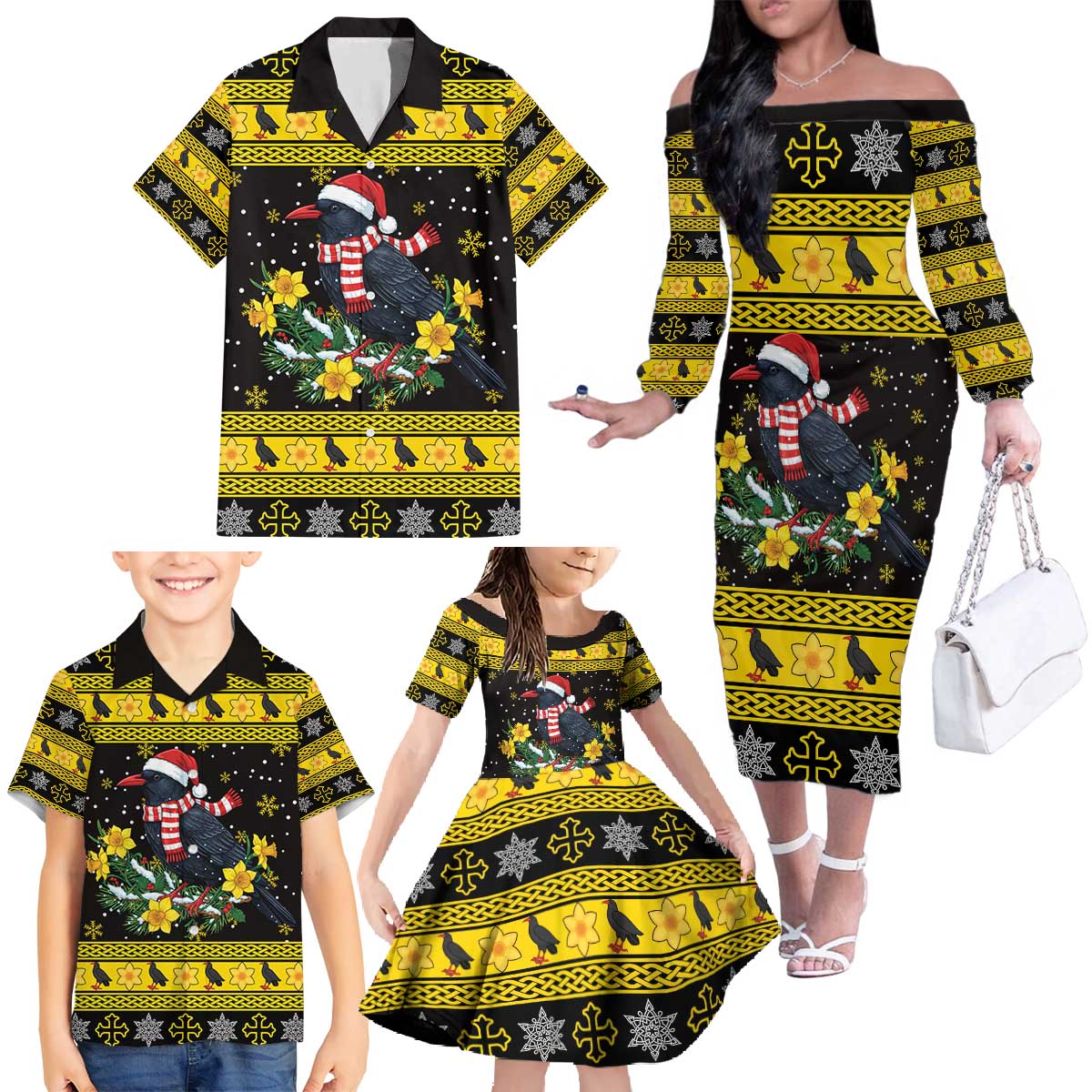 Flintshire Wales Christmas Family Matching Off The Shoulder Long Sleeve Dress and Hawaiian Shirt Welsh Red-billed Chough with Daffodil - Wonder Print Shop