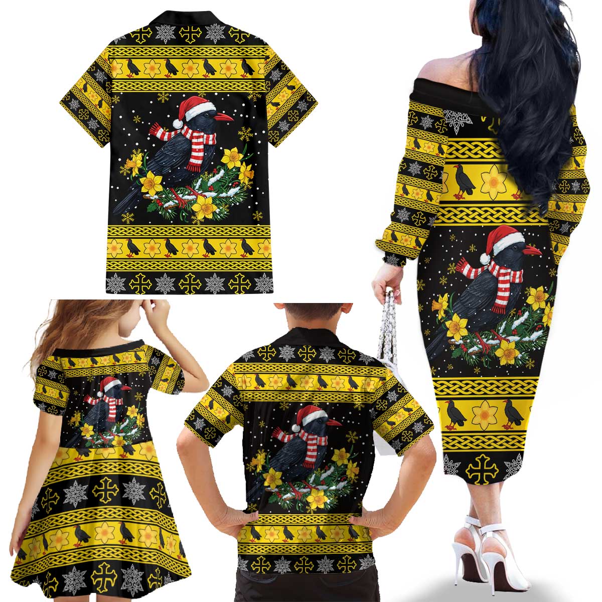 Flintshire Wales Christmas Family Matching Off The Shoulder Long Sleeve Dress and Hawaiian Shirt Welsh Red-billed Chough with Daffodil - Wonder Print Shop