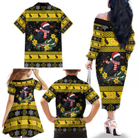 Flintshire Wales Christmas Family Matching Off The Shoulder Long Sleeve Dress and Hawaiian Shirt Welsh Red-billed Chough with Daffodil - Wonder Print Shop