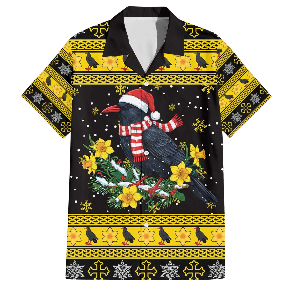 Flintshire Wales Christmas Family Matching Off The Shoulder Long Sleeve Dress and Hawaiian Shirt Welsh Red-billed Chough with Daffodil - Wonder Print Shop