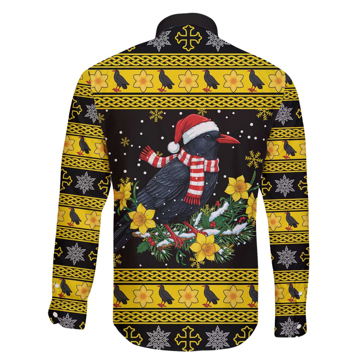 Flintshire Wales Christmas Family Matching Off The Shoulder Long Sleeve Dress and Hawaiian Shirt Welsh Red-billed Chough with Daffodil - Wonder Print Shop