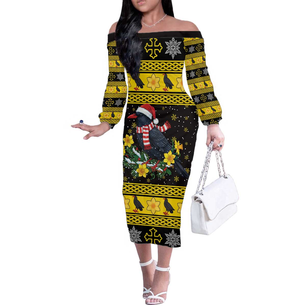 Flintshire Wales Christmas Family Matching Off The Shoulder Long Sleeve Dress and Hawaiian Shirt Welsh Red-billed Chough with Daffodil - Wonder Print Shop