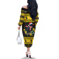 Flintshire Wales Christmas Family Matching Off The Shoulder Long Sleeve Dress and Hawaiian Shirt Welsh Red-billed Chough with Daffodil - Wonder Print Shop