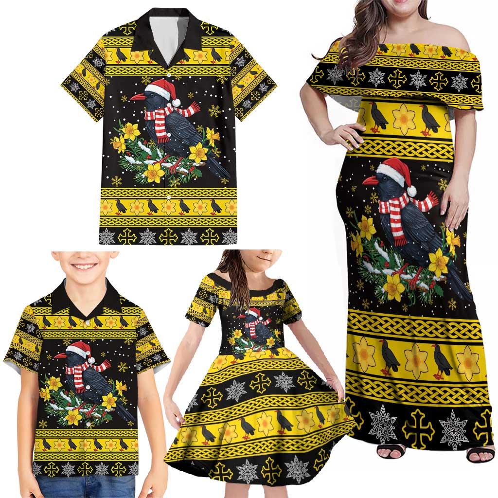 Flintshire Wales Christmas Family Matching Off Shoulder Maxi Dress and Hawaiian Shirt Welsh Red-billed Chough with Daffodil - Wonder Print Shop