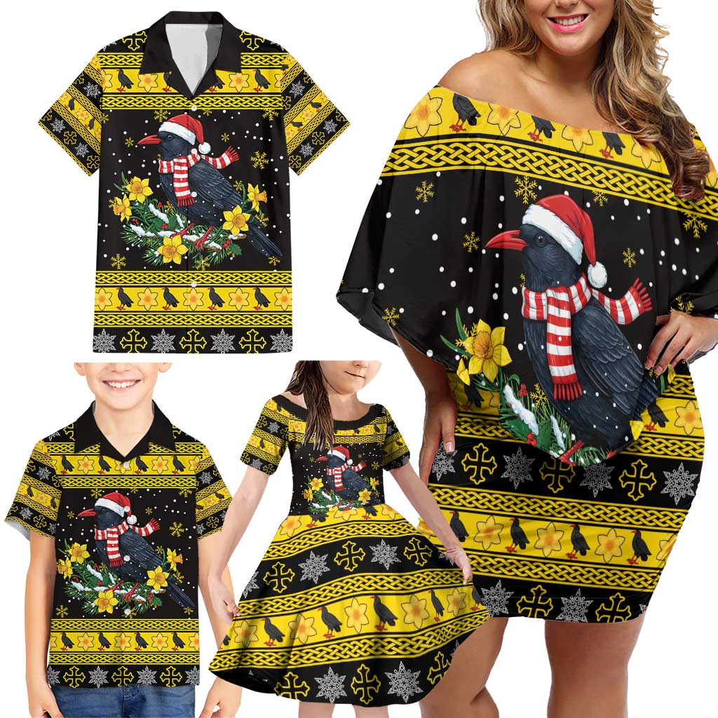 Flintshire Wales Christmas Family Matching Off Shoulder Short Dress and Hawaiian Shirt Welsh Red-billed Chough with Daffodil - Wonder Print Shop