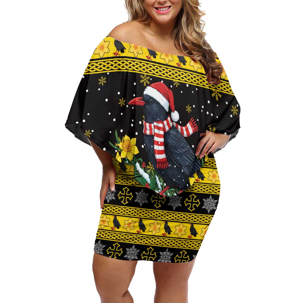 Flintshire Wales Christmas Family Matching Off Shoulder Short Dress and Hawaiian Shirt Welsh Red-billed Chough with Daffodil - Wonder Print Shop