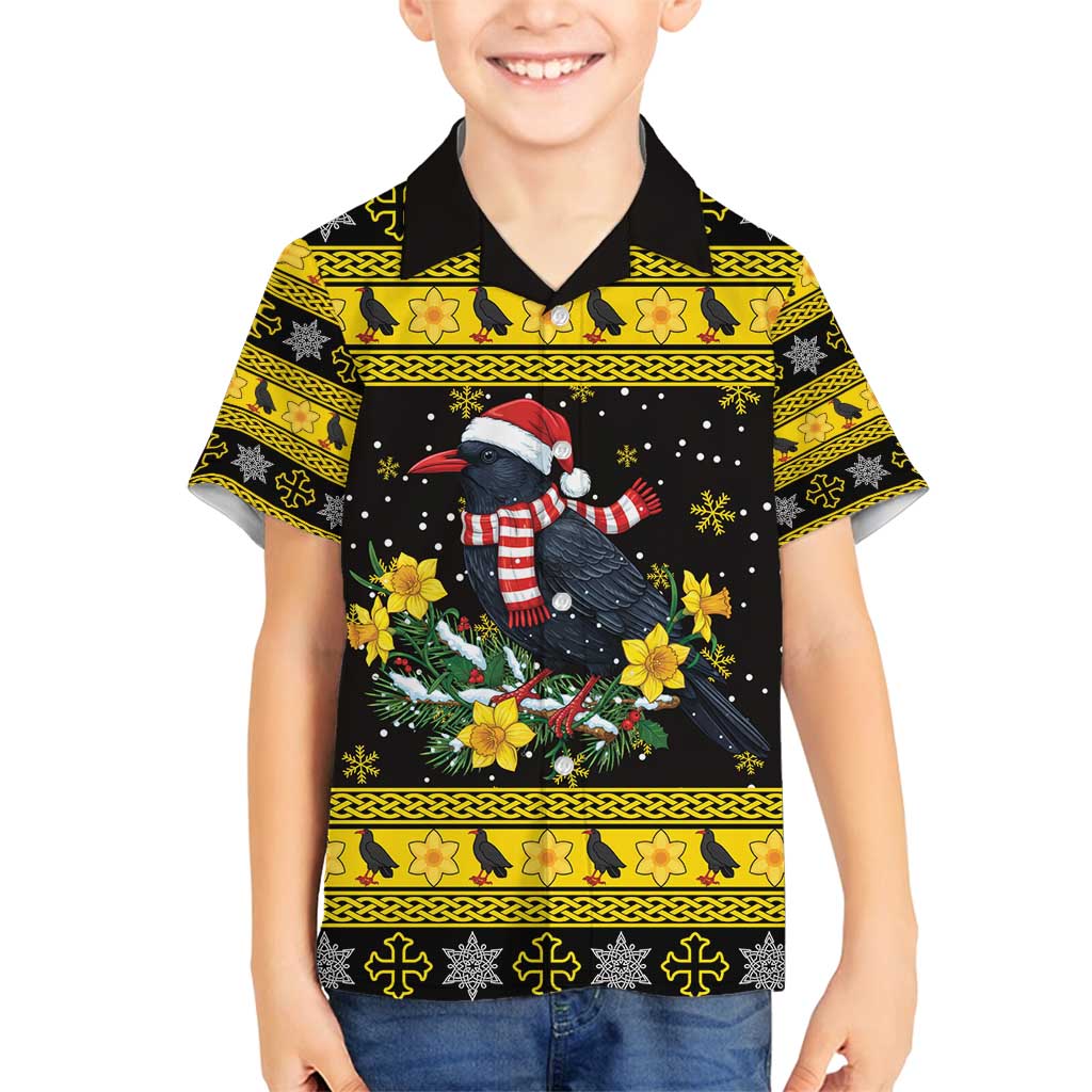 Flintshire Wales Christmas Family Matching Off Shoulder Short Dress and Hawaiian Shirt Welsh Red-billed Chough with Daffodil - Wonder Print Shop