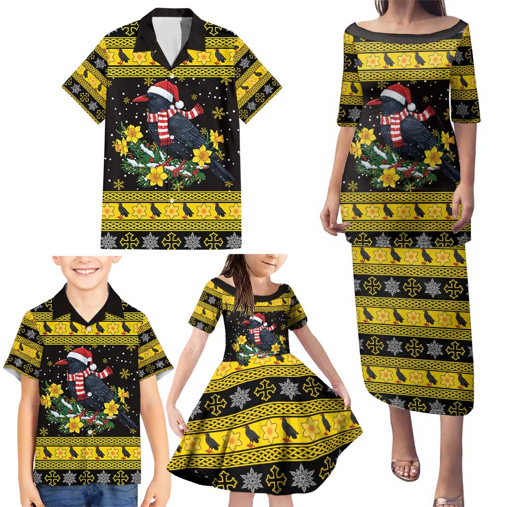 Flintshire Wales Christmas Family Matching Puletasi and Hawaiian Shirt Welsh Red-billed Chough with Daffodil - Wonder Print Shop
