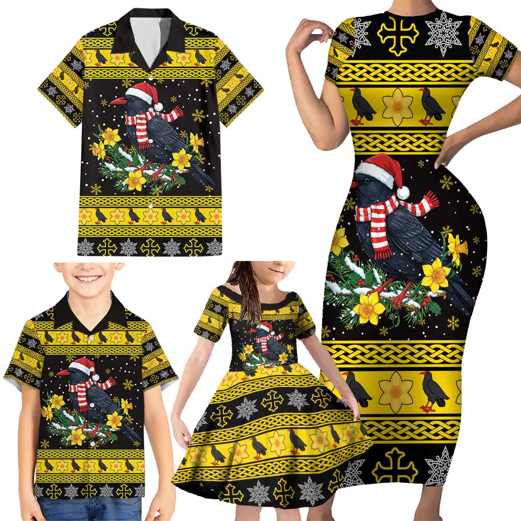 Flintshire Wales Christmas Family Matching Short Sleeve Bodycon Dress and Hawaiian Shirt Welsh Red-billed Chough with Daffodil - Wonder Print Shop