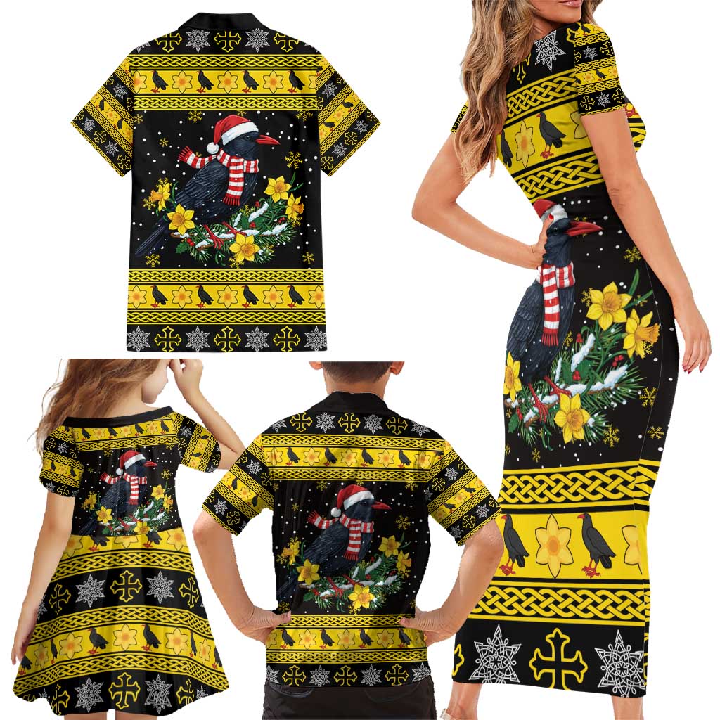 Flintshire Wales Christmas Family Matching Short Sleeve Bodycon Dress and Hawaiian Shirt Welsh Red-billed Chough with Daffodil - Wonder Print Shop
