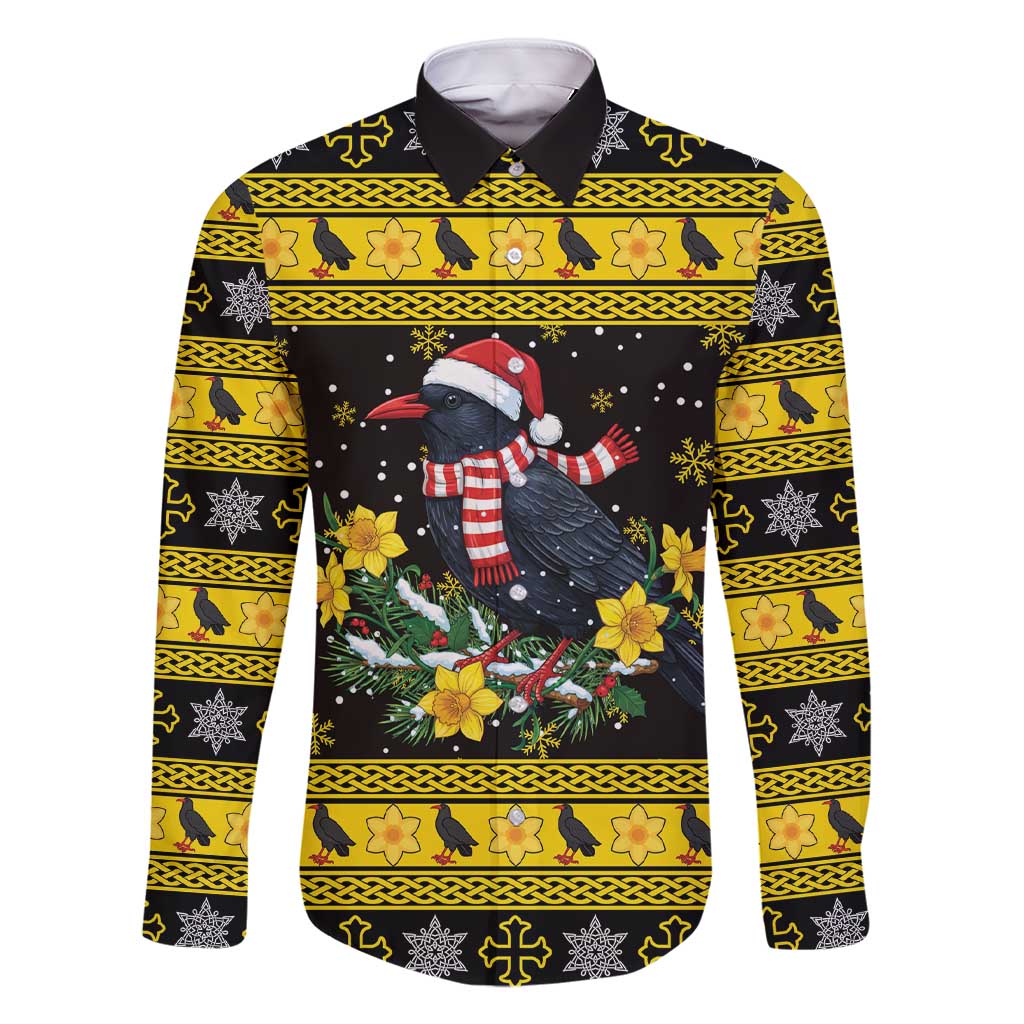 Flintshire Wales Christmas Family Matching Short Sleeve Bodycon Dress and Hawaiian Shirt Welsh Red-billed Chough with Daffodil - Wonder Print Shop