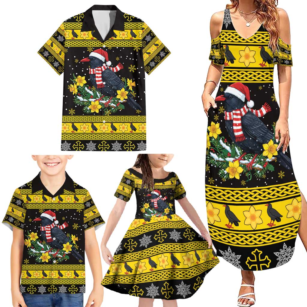 Flintshire Wales Christmas Family Matching Summer Maxi Dress and Hawaiian Shirt Welsh Red-billed Chough with Daffodil - Wonder Print Shop