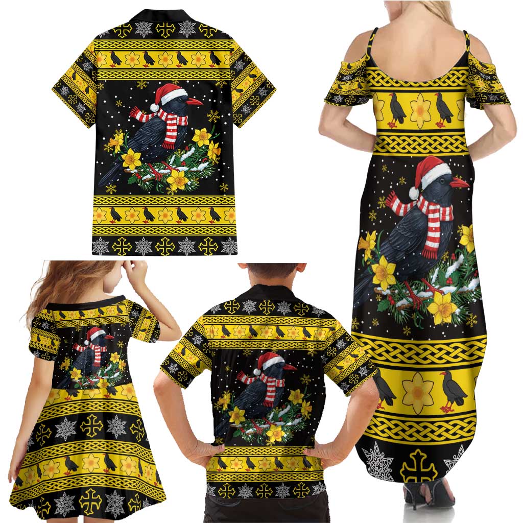 Flintshire Wales Christmas Family Matching Summer Maxi Dress and Hawaiian Shirt Welsh Red-billed Chough with Daffodil - Wonder Print Shop