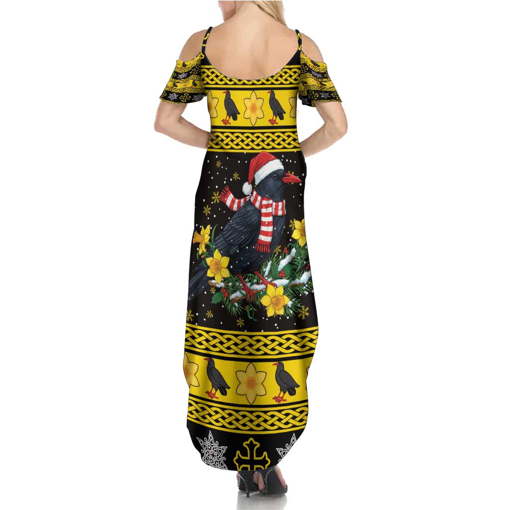 Flintshire Wales Christmas Family Matching Summer Maxi Dress and Hawaiian Shirt Welsh Red-billed Chough with Daffodil - Wonder Print Shop