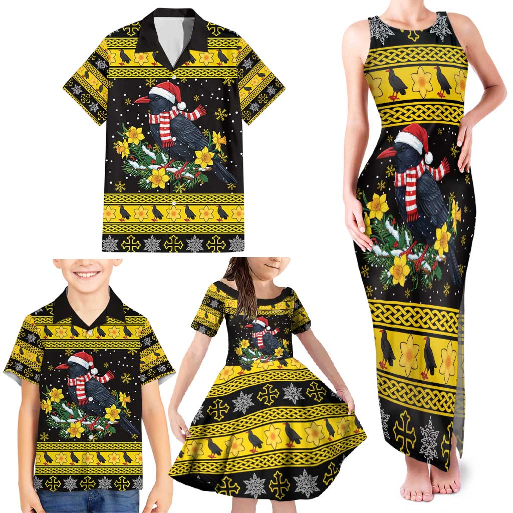 Flintshire Wales Christmas Family Matching Tank Maxi Dress and Hawaiian Shirt Welsh Red-billed Chough with Daffodil - Wonder Print Shop
