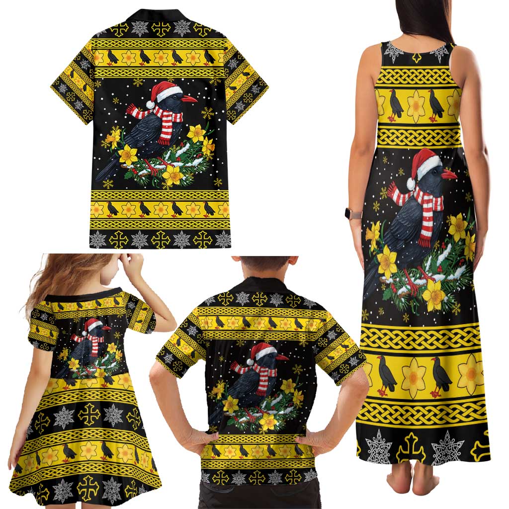 Flintshire Wales Christmas Family Matching Tank Maxi Dress and Hawaiian Shirt Welsh Red-billed Chough with Daffodil - Wonder Print Shop