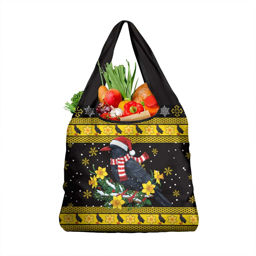 Flintshire Wales Christmas Grocery Bag Welsh Red-billed Chough with Daffodil - Wonder Print Shop