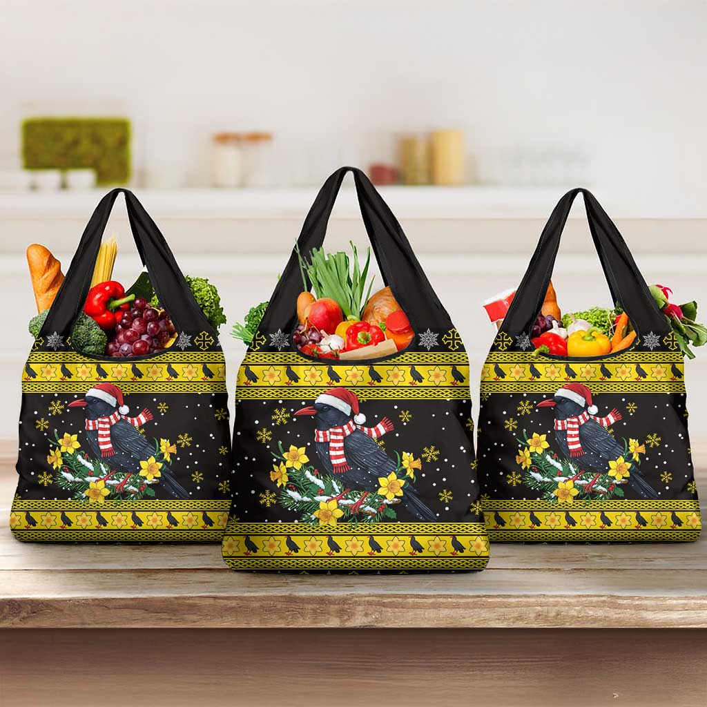 Flintshire Wales Christmas Grocery Bag Welsh Red-billed Chough with Daffodil - Wonder Print Shop