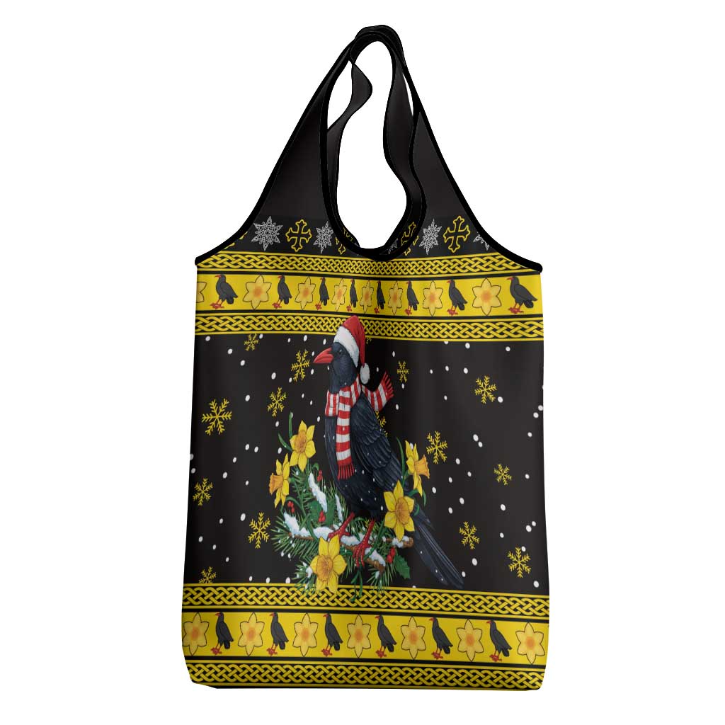 Flintshire Wales Christmas Grocery Bag Welsh Red-billed Chough with Daffodil - Wonder Print Shop