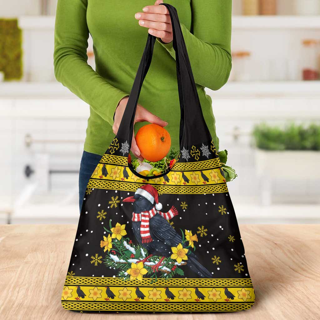 Flintshire Wales Christmas Grocery Bag Welsh Red-billed Chough with Daffodil - Wonder Print Shop