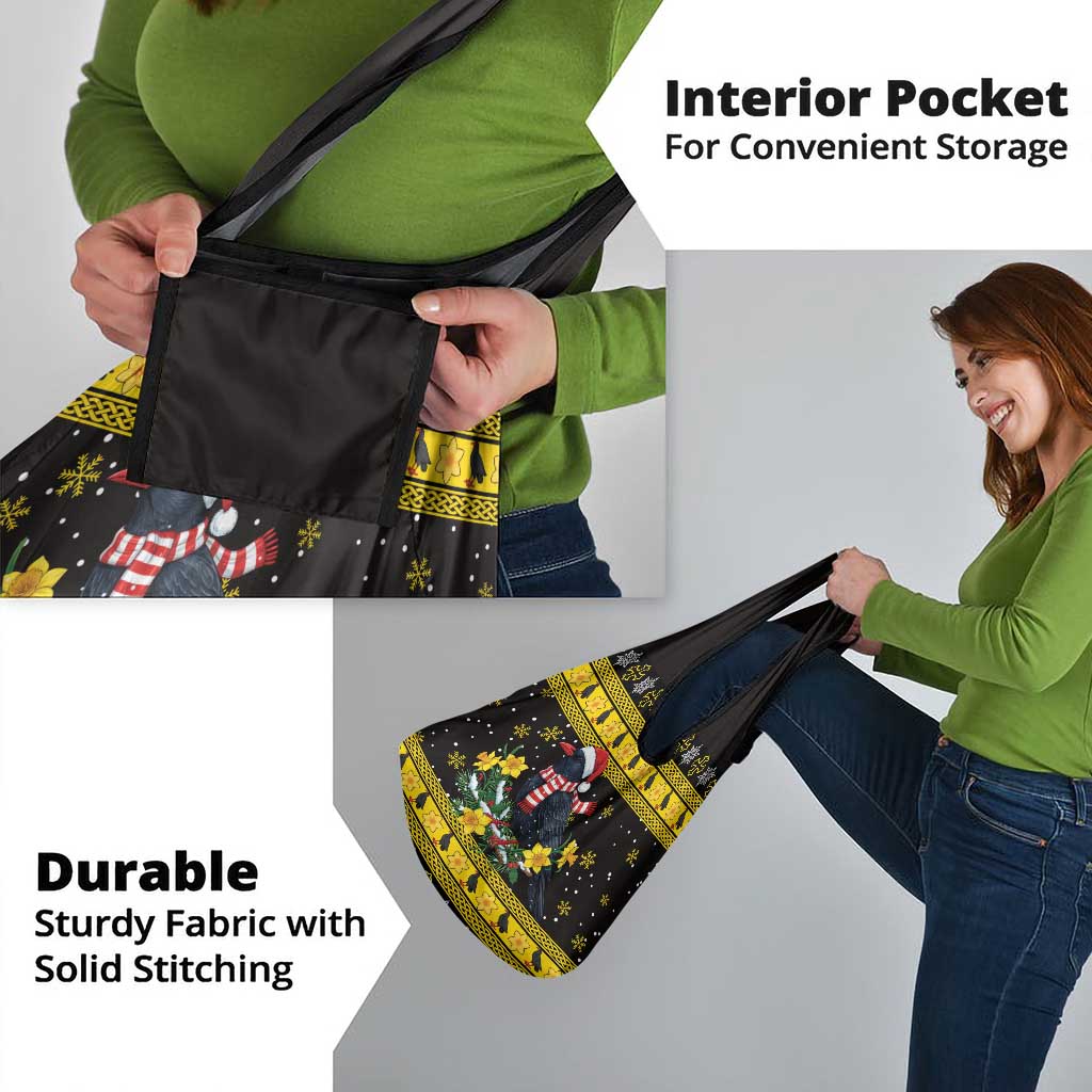 Flintshire Wales Christmas Grocery Bag Welsh Red-billed Chough with Daffodil - Wonder Print Shop