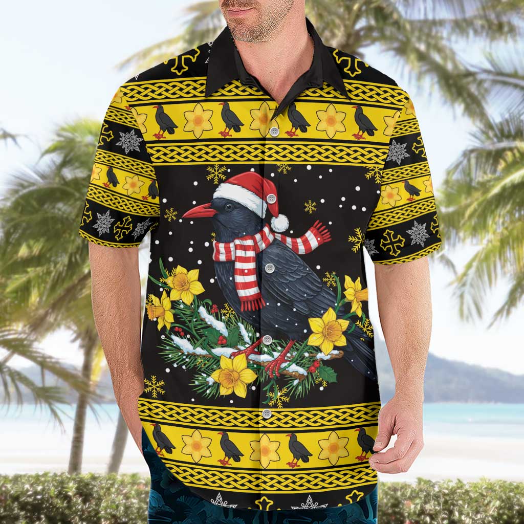 Flintshire Wales Christmas Hawaiian Shirt Welsh Red-billed Chough with Daffodil - Wonder Print Shop